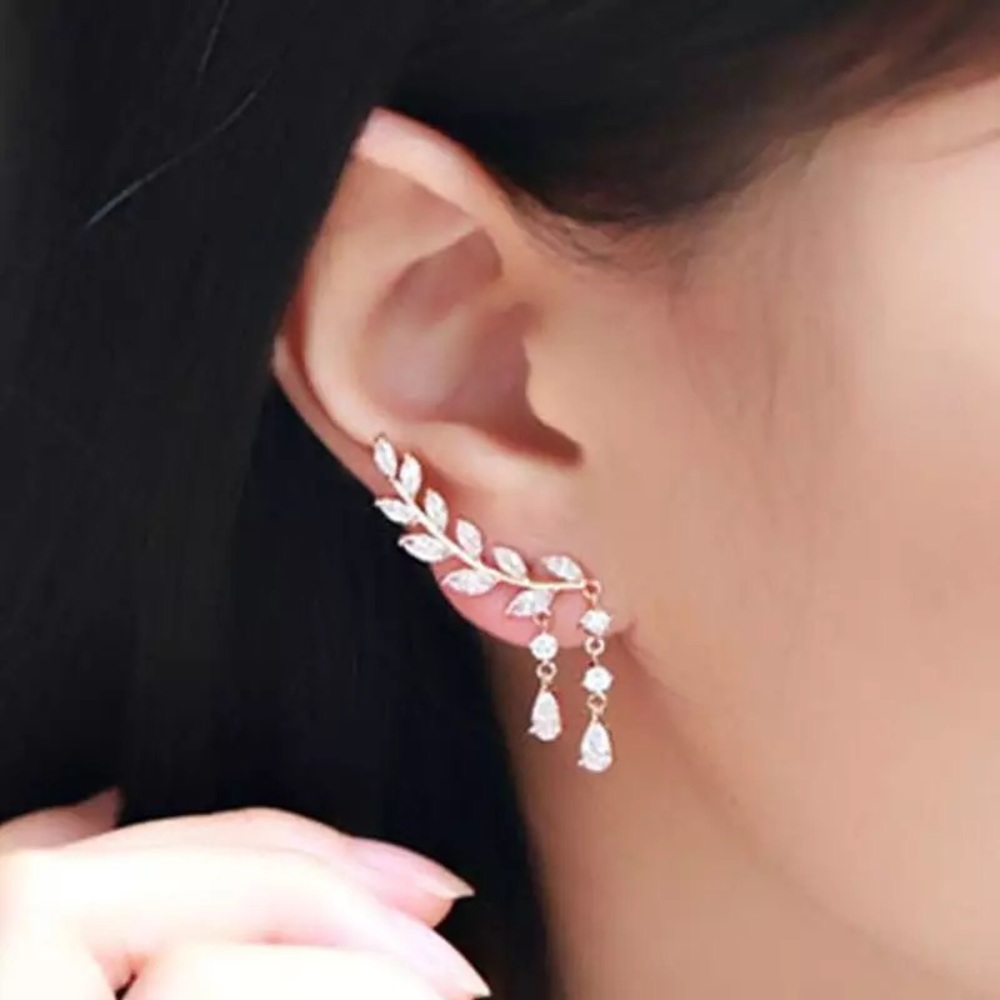 “Athena” Goddess Diamond Leaf Climber/Crawler Waterfall Crystal Bohemian Earring - Picture 2 of 9